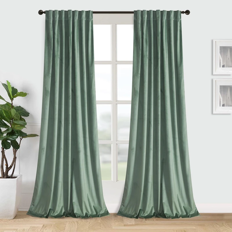 Roslynwood Luxury Soft Sage Green Velvet Curtains 108 inches Long Back Tab Thermal Insulated Blackout Window Drapes for Living Room/Bedroom/Dining Room, W52 x L108, 2 Pcs