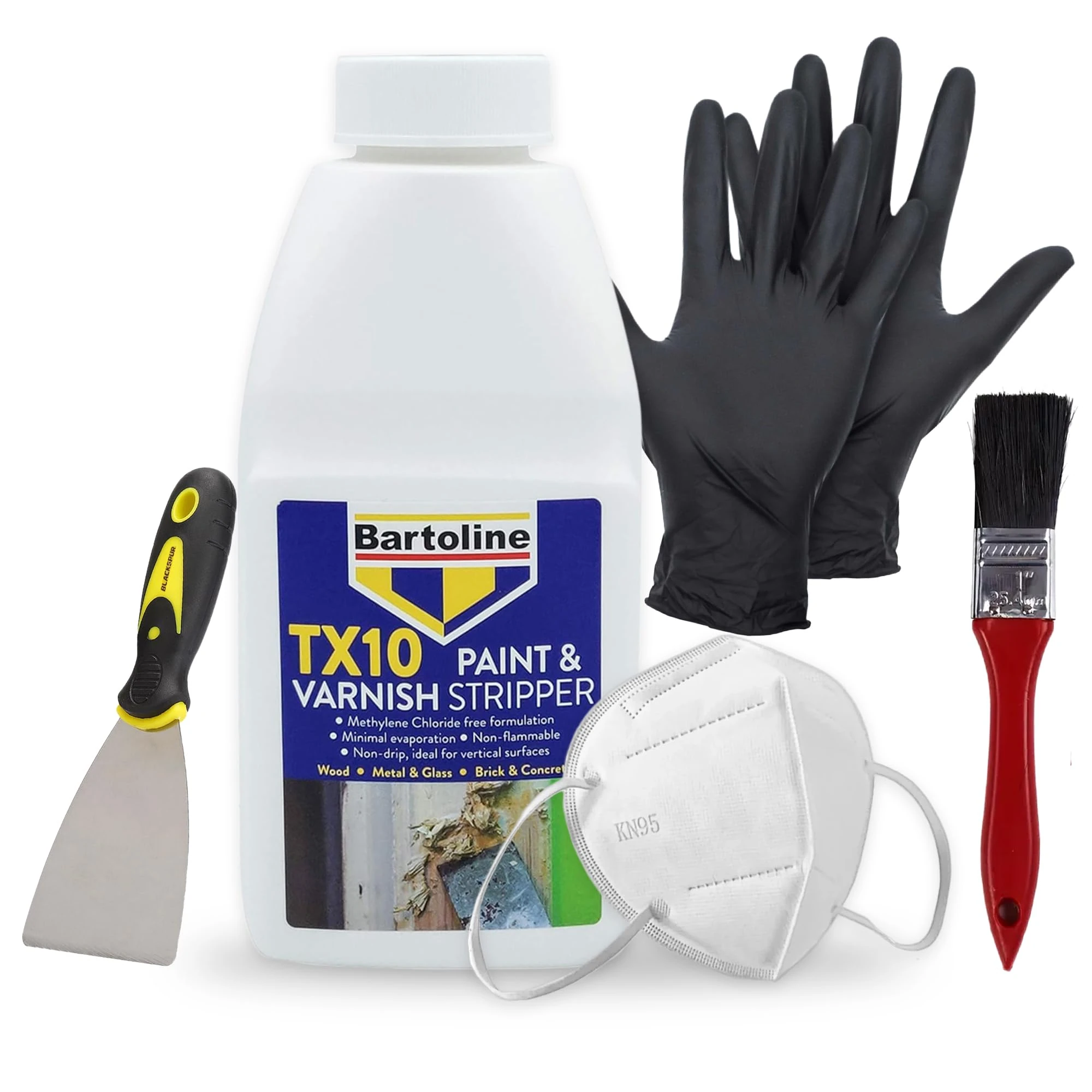 Paint Stripper Kit with Bartoline TX10 Paint Remover Solution 500ml + Paint Scraper Tool, Brush, Latex-Free Gloves & Mask – Effective Varnish Stripper for Wood, Metal, Concrete, Glass & DIY Projects