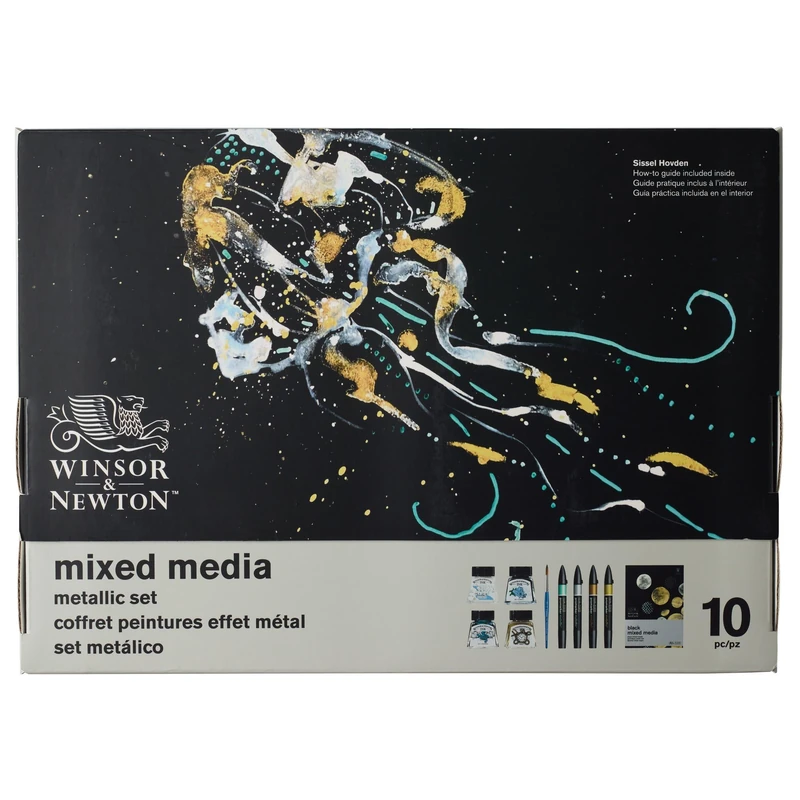 Winsor & Newton 0290182 Promarker Mixed Media Set - Metallic - Curated Sets of Artists with the Following Contents: 4 Promarker Metallic, 4 Drawing Inks, Brushes & Coloured Paper in Black, 25 Sheets