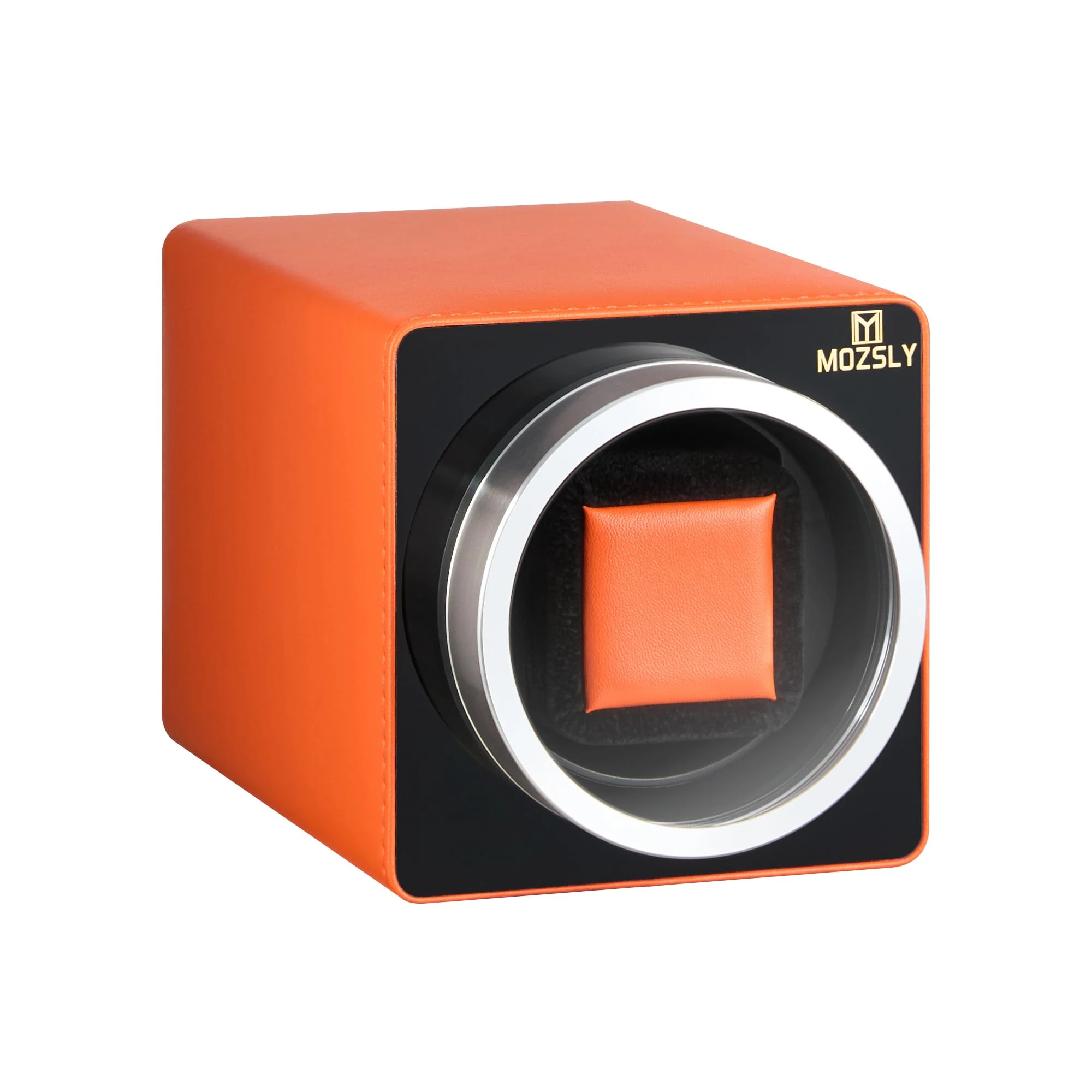 MOZSLY Single Watch Winder for Automatic Watches with Quiet Motor 12 Rotation Mode Setting Orange Leather