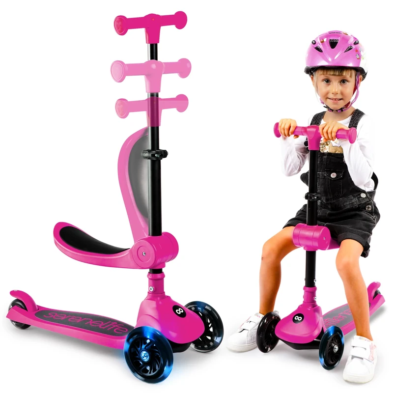 SereneLife 3 Wheel Kids Scooter, Kick Scooter with/without Foldable Seat, Light-Up LED Wheels, Adjustable Handlebar, Lean to Steer, Ideal for Toddlers Boys and Girls Age 3+, Up to 50Kg
