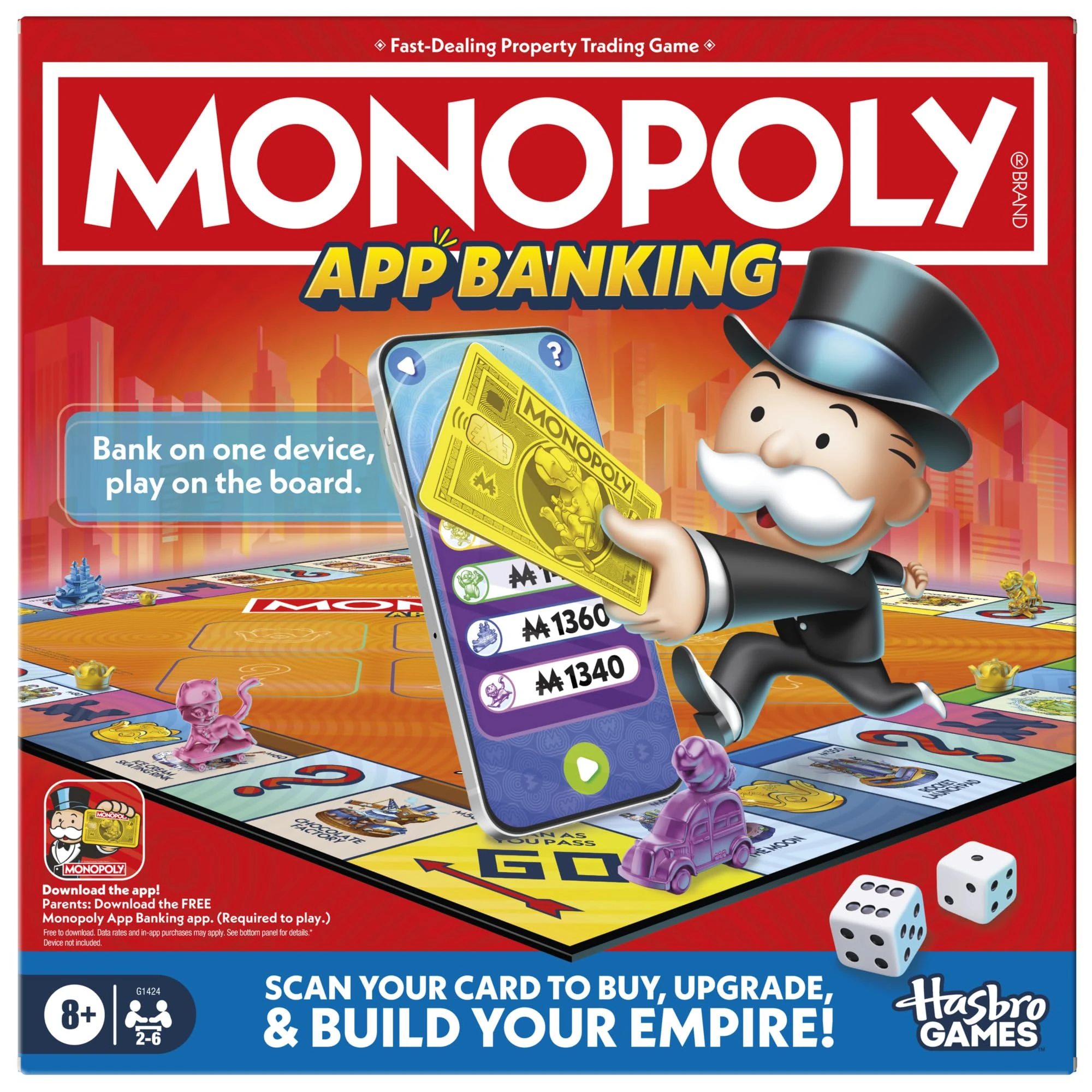 Monopoly App Banking Board Game with Digital Banking Cards, Free App Integration & AR Mini-Games, Family Party Game for Kids & Adults, No Cash Fast-Play Monopoly with Device Stand & 6 Tokens, Ages 8+