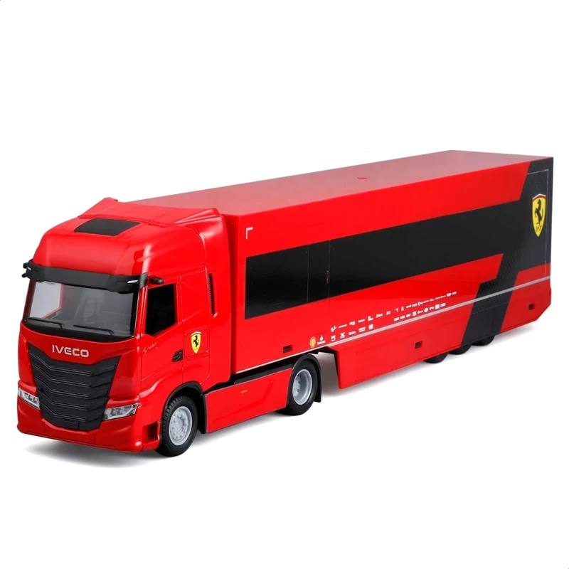 Bburago Iveco S-Way 570 Racing with Ferrari SF-24#16 Leclerc, 1:43 Scale Diecast Set, Detailed Car Transporter with F1 Car, Official Ferrari and Iveco Licences, Recommended Age 3+ Years