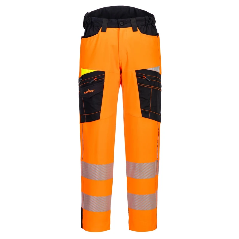 Portwest DX453 DX4 Hi Vis Service Trousers Work Safety Pants 4 Way Stretch Ergonomic High Rise Waistb Triple Stitched Cargo Pockets Extendable Leg Length Reflective, Orange/Black, 30
