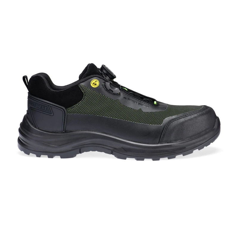 Portwest FE05 Girder Composite Low Shoe S3S ESD Wire Lace Cut Resistant Reflective TPU Toe Cap Slip Oil Resistant Non Metallic Safety Footwear, Black/Green, 47
