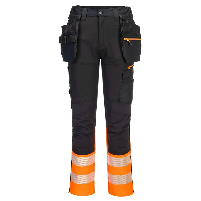 Portwest DX457 DX4 Hi Vis Class 1 Detachable Holster Pocket Craft Work Trousers Four Way Stretch Fabric Knee Pad Pockets Triple Stitched Seams Certified EN ISO 20471, Orange/Black, 42