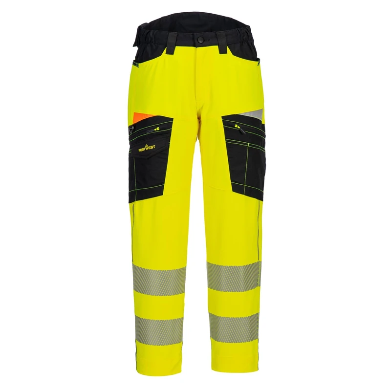 Portwest DX453 DX4 Hi Vis Service Trousers Work Safety Pants 4 Way Stretch Ergonomic High Rise Waistb Triple Stitched Cargo Pockets Extendable Leg Length Reflective, Yellow/Black, 32 - Image 1