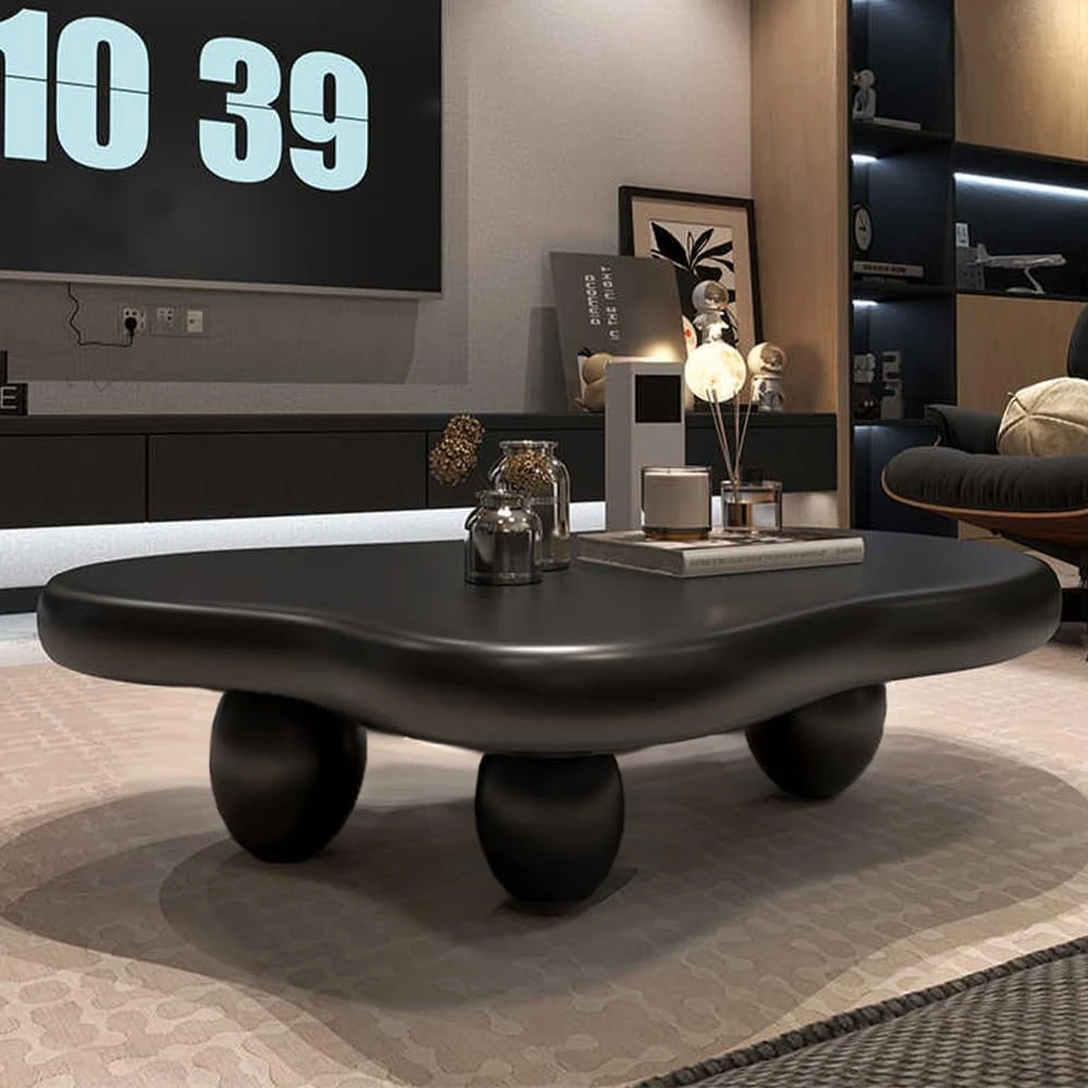 DAXUESEH White Cloud Coffee Table, Black Mid Century Modern Coffee Table Irregular Coffee Table Asymmetrical Pedestal Coffee Table with 3 Oval Legs for Living Room,Black,48 * 36 * 16"