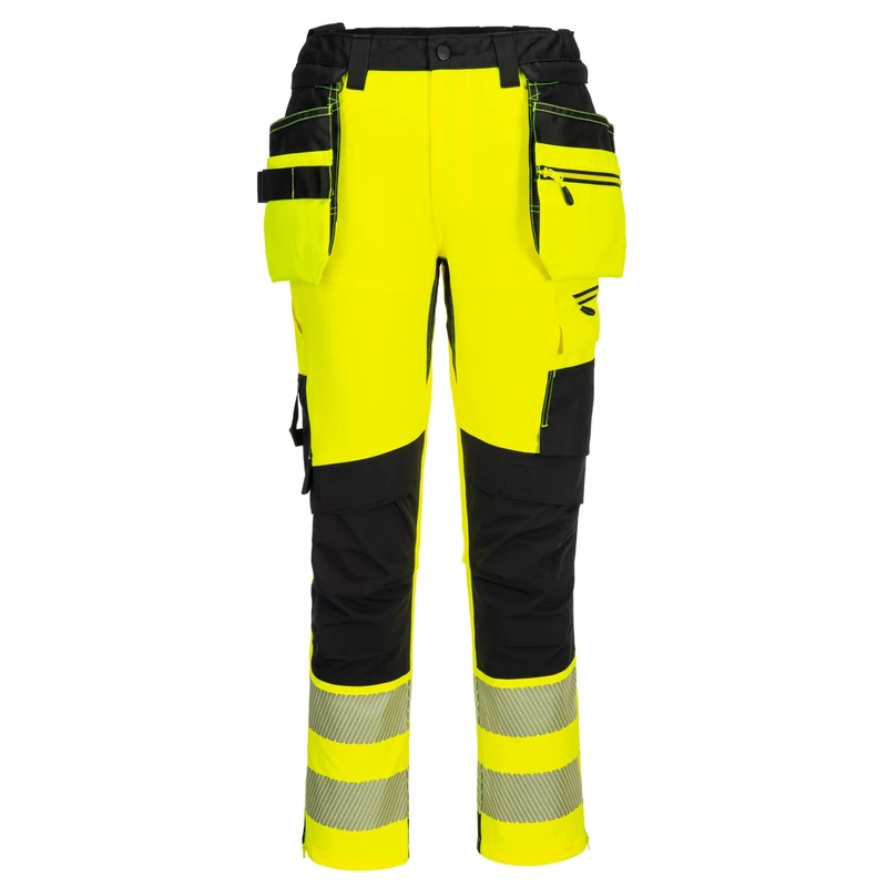 Portwest DX454 DX4 Hi Vis Detachable Holster Pocket Craft Work Trousers Four Way Stretch Fabric High Rise Back Waistb Triple Stitched Seams EN ISO 20471 Class 1, Yellow/Black, 36