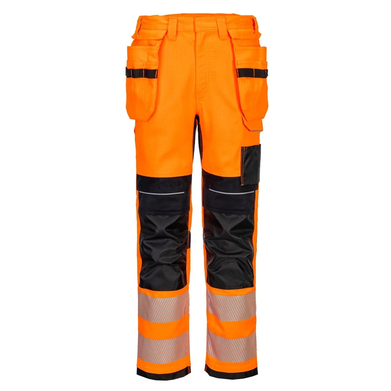 Portwest FR415 PW3 Modaflame Work High Visibility Flame Resistant Holster Trousers Zip Removable Pockets Top Loading Knee Pad Access Stretch Fabric Arc Rated Protectiom, Orange/Black, 33