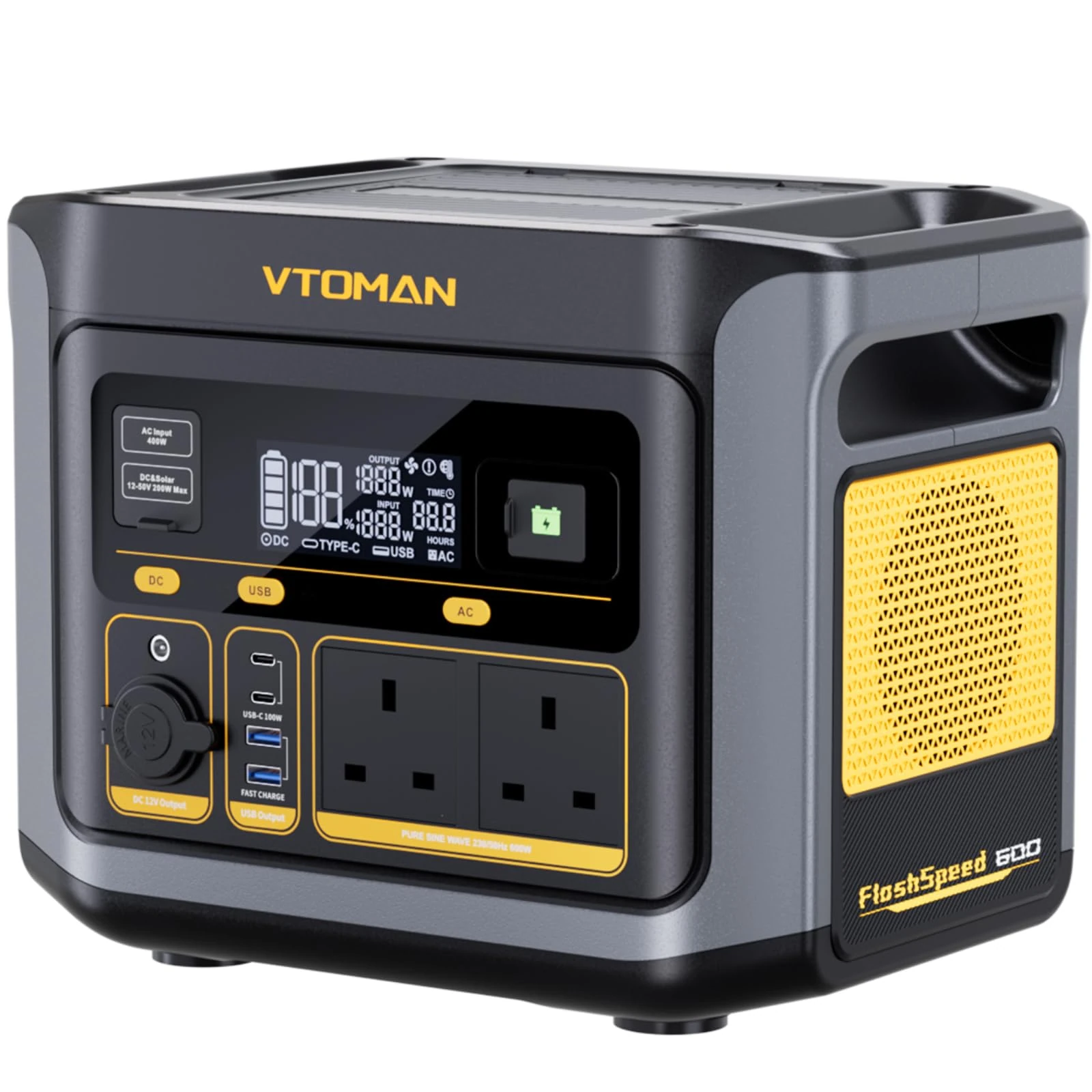 VTOMAN FlashSpeed 600 Portable Power Station 600W (1200W Peak) - 499Wh Solar Generator with LiFePO4 Battery Pack, 100W USB-C/230V AC, 60 Min Fast Charging 0-80% for Camping, Fishing, Blackout, RVs