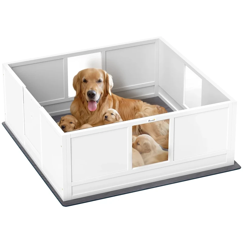 PawHut Dog Whelping Box with Whelping Pad, Adjustable Entrance, 124 x 120cm - Image 1