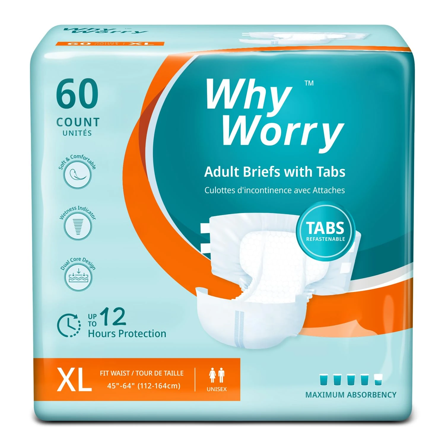 WhyWorry Adult Nappies for Women and Men, Disposable Adult Diapers for Incontinence with Overnight Absorbency, Odor Control, Unisex, XLarge, 60 Count (4 Packs of 15)