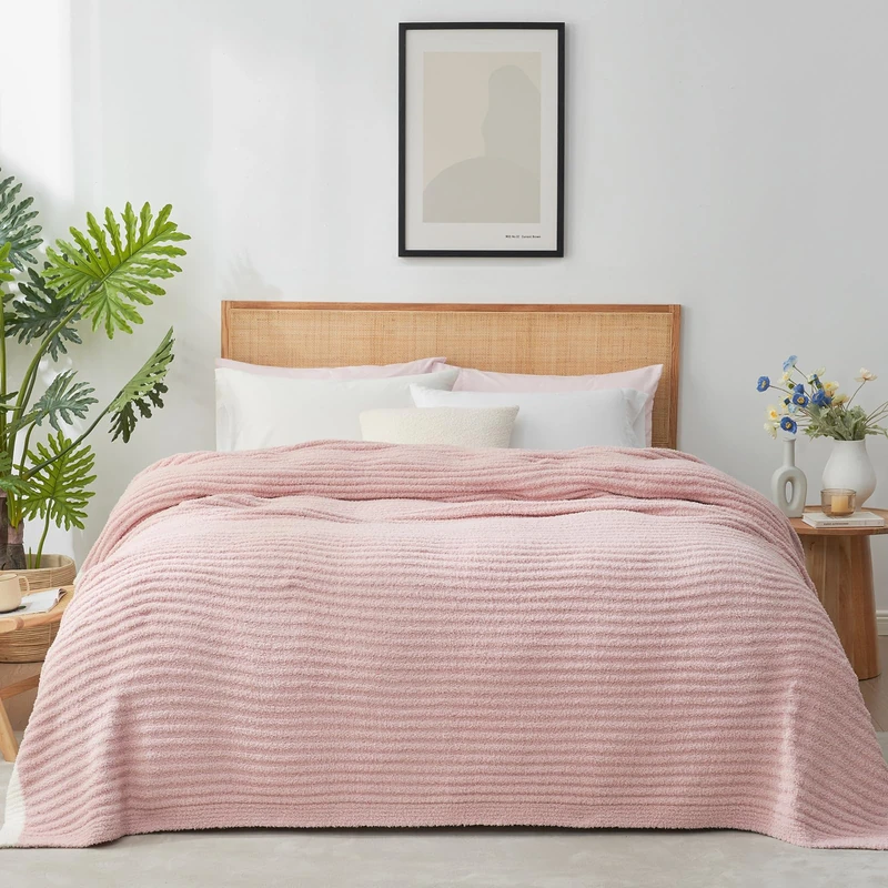 Snuggle Sac Pink Ribbed Queen Size Blanket for Bed, Soft Luxurious Bedding Blankets, Large Fuzzy Plush Microfiber Blankets Pink, 90x90 inches