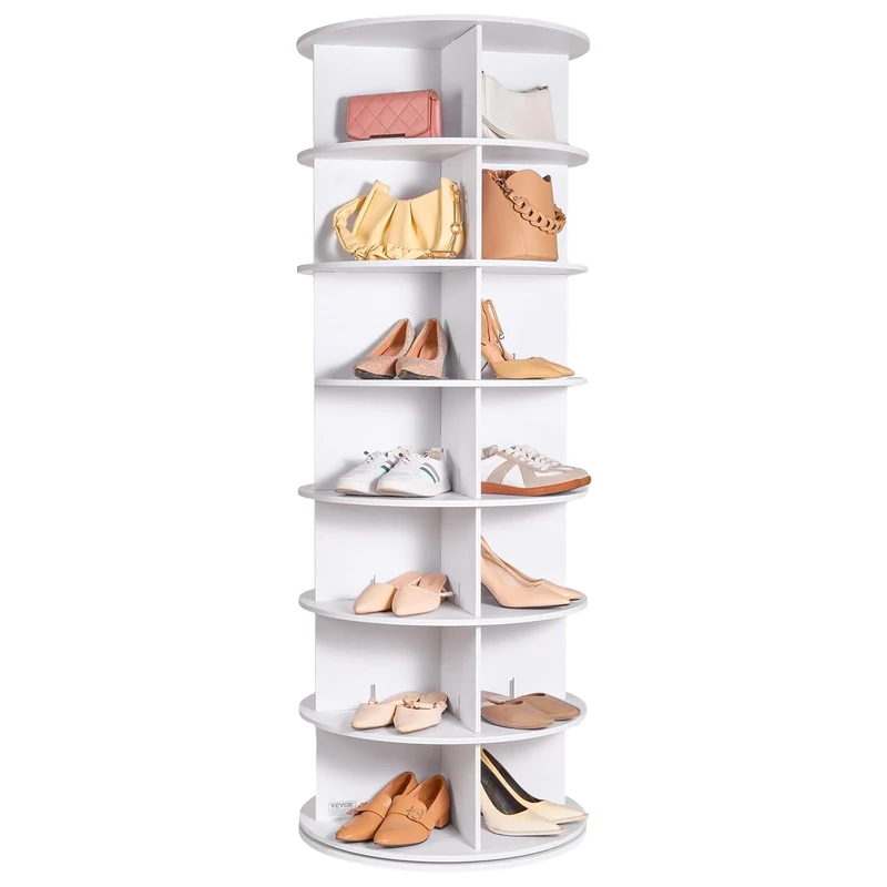 VEVOR 7 Tiers Rotating Shoe Rack Tower, 360° Spinning Shoe Rack, Revolving Storage Round Carousel Display, Freestanding Lazy Susan Organizer Display for Bedroom, Living Room, Entryway, Closet, White