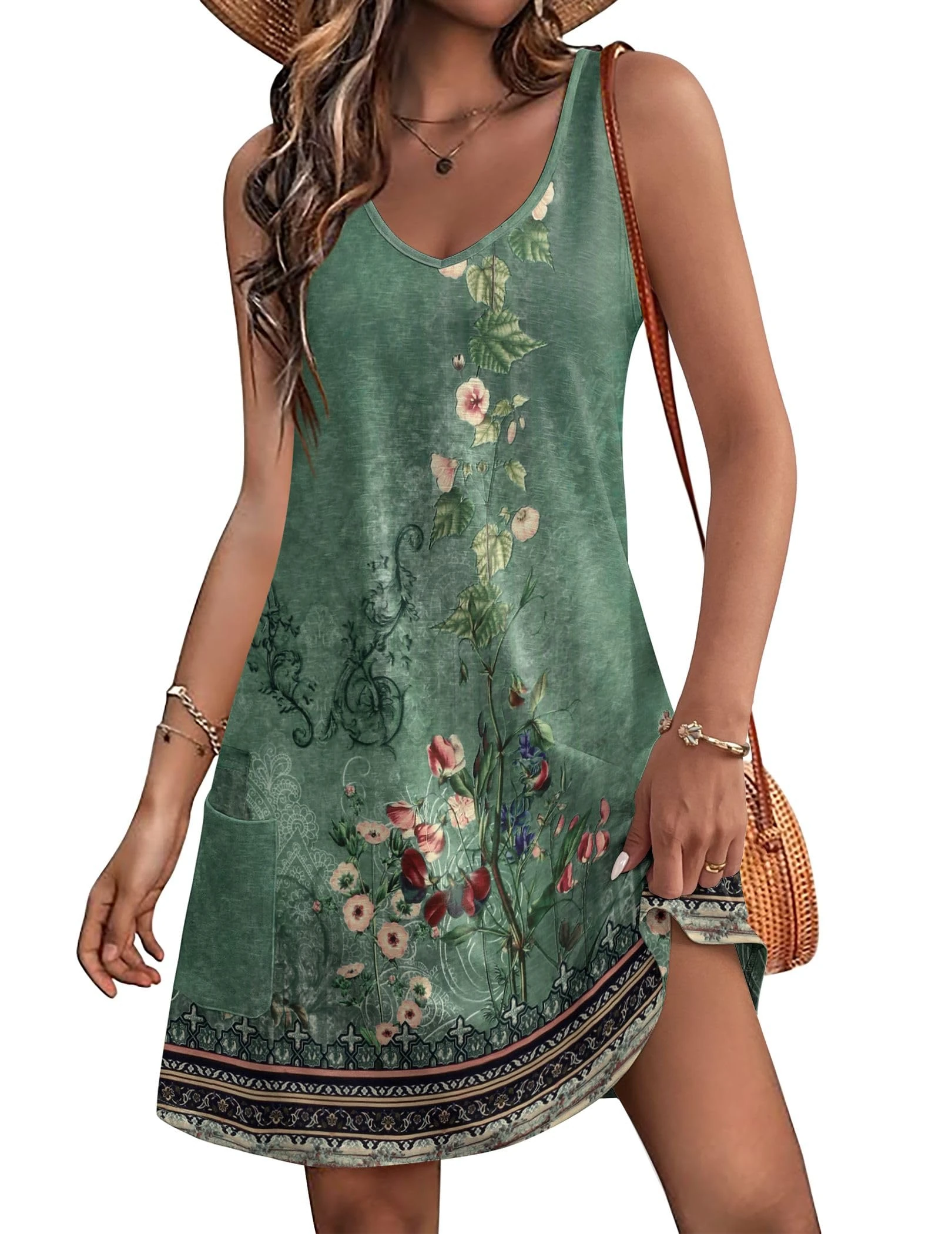 HOTOUCH Summer Sundresses for Women UK Sleeveless V Neck Mini Ladies Dress with Pockets Causal Beach Dress Spaghetti Strap Green-Print M