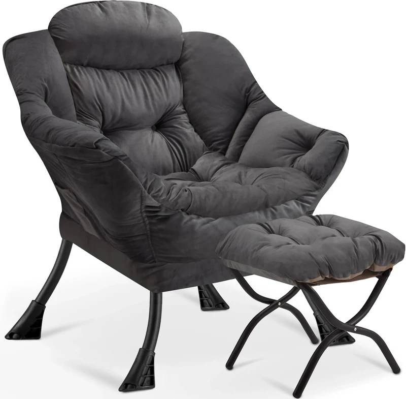 Armchair Living Room Comfy Armchair Reading Chair with Footstool Lazy Accent Chairs Bedroom Cuddle Chairs, for Living Room Bedroom Study Room Office, Dark Grey