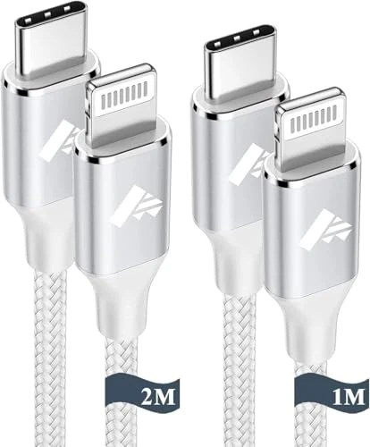 Lightning Cable, USB C 1+2m, Aioneus Type C Lightning Cable, Type C 2-Pack iPhone Charging Cable, Type C, PD Fast Charging, Lightning Cable, Type C, iPhone Charging Cord, iPhone 14, 13, 12, 11, Pro