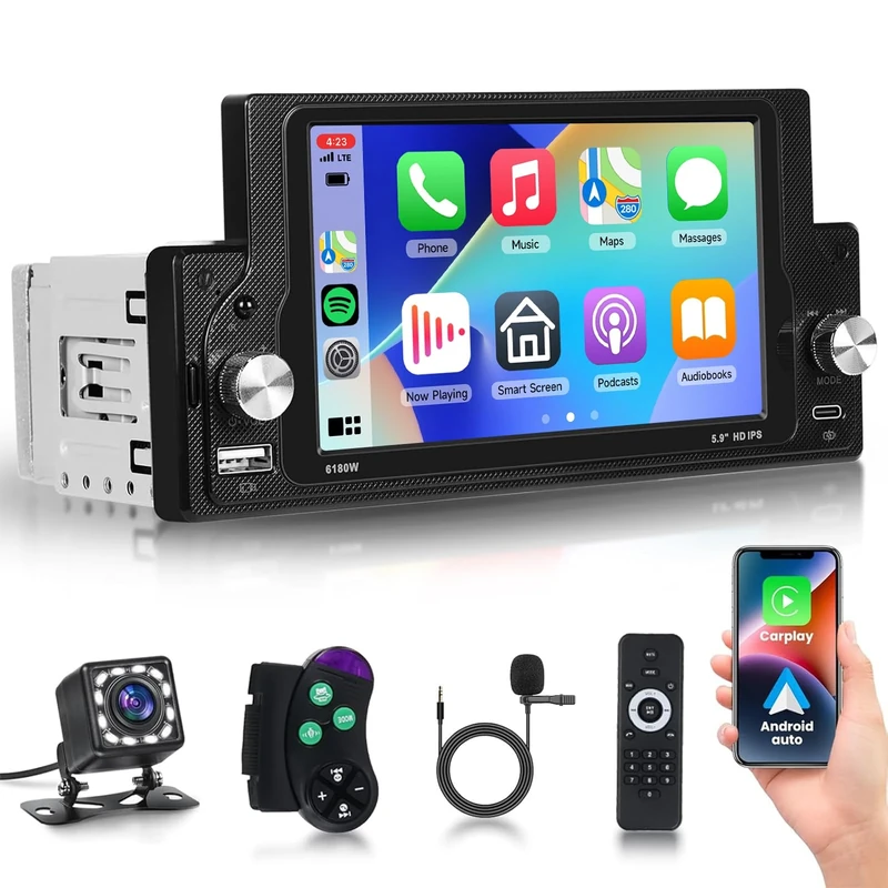 Podofo Single Din Car Stereo Radio with Carplay Android Auto, 5.9 Inch IPS Touch Screen 1 Din Head Unit with Bluetooth 5.0 FM 20-band EQ Mirror Link USB/Type-C Slot SWC HD Camera Remote Control