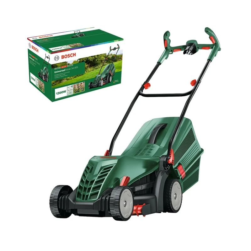 Bosch UniversalRotak 34-405 corded lawn mower (1300 W motor power, cutting width: 34 cm, grass collector 40 litres, suitable for cutting lawns evenly and with neat edges)