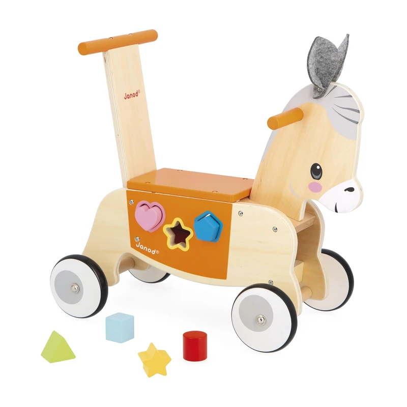 Janod - Donkey Wooden Carrier with Integrated Shape Box - Trotter Function - Silent Wheels - Balance and Motor Skills Training - FSC Wooden Development Toy - From 12 Months, J03325