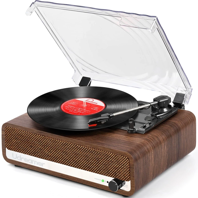 Udreamer Record Player with Speaker Bluetooth Turntable Vintage Vinyl Player Support USB AUX-in Headphone RCA Line-Out 3 Speed Belt-Driven Auto-Stop Mirror Design Walnut