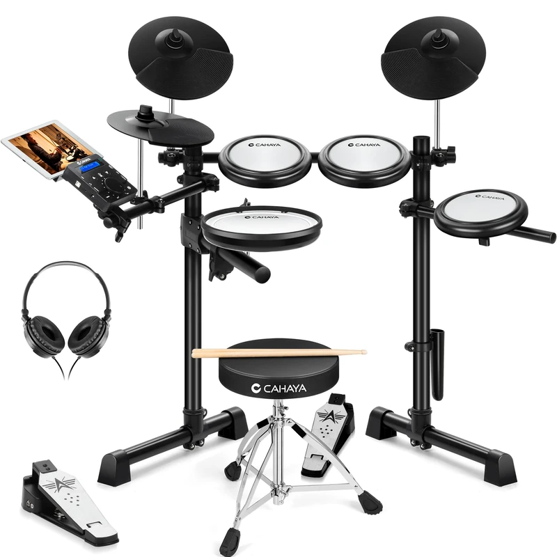 CAHAYA E-Drum Set with Mesh Heads: Dual Trigger Pads and 350 Sounds - Electronic Drum Kit with Large 8 Inch Snare Pad, Complete Set with Drum Stool, Headphones, Sticks - for Beginners Children