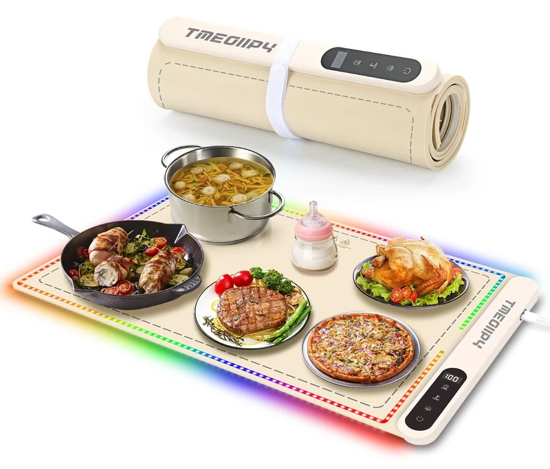 Food Warming Mat, Portable Food Warming Tray with 3 LED Lights, 6 Timers, 6 Temperature Settings, Roll Up Electric Food Warmer with Organizer Rope, Heat Warming Tray for Buffet, for Party, for Thawing