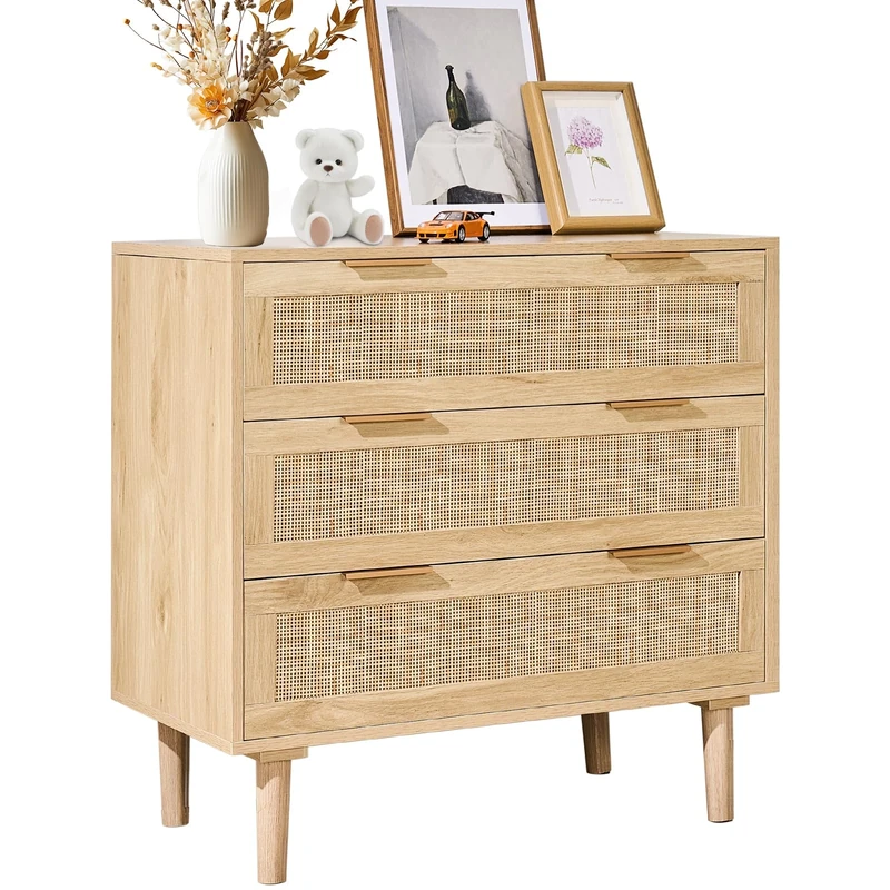 VEVOR 3 Drawer Rattan Dresser, Natural Rattan Closet Dresser with 3 Drawers, Modern Wood Chest Clothing Organizer & Storage Boho Dresser with Sturdy Handles & Legs, for Bedroom, Living Room & Hallway
