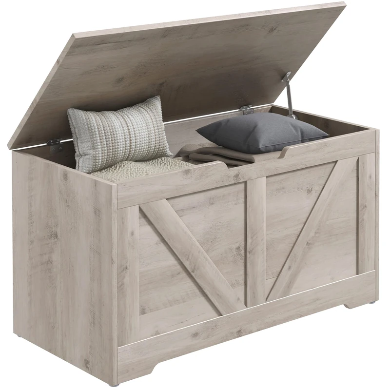 HOMCOM 100L Storage Chest, Storage Trunk with 2 Safety Hinges and U-shaped Cut-out Pull, Organiser Box for Living Room, Entryway, 80 x 40 x 45 cm, Grey Wood-Effect
