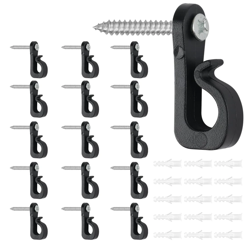 Screw-in Hooks, Q-Hanger Screw Hooks, Home Christmas Lights Hanger Hooks,Screw in Hooks for Outdoor Lights Festoon Light Hooks, Hanging Fence Hooks (15PCS Black)