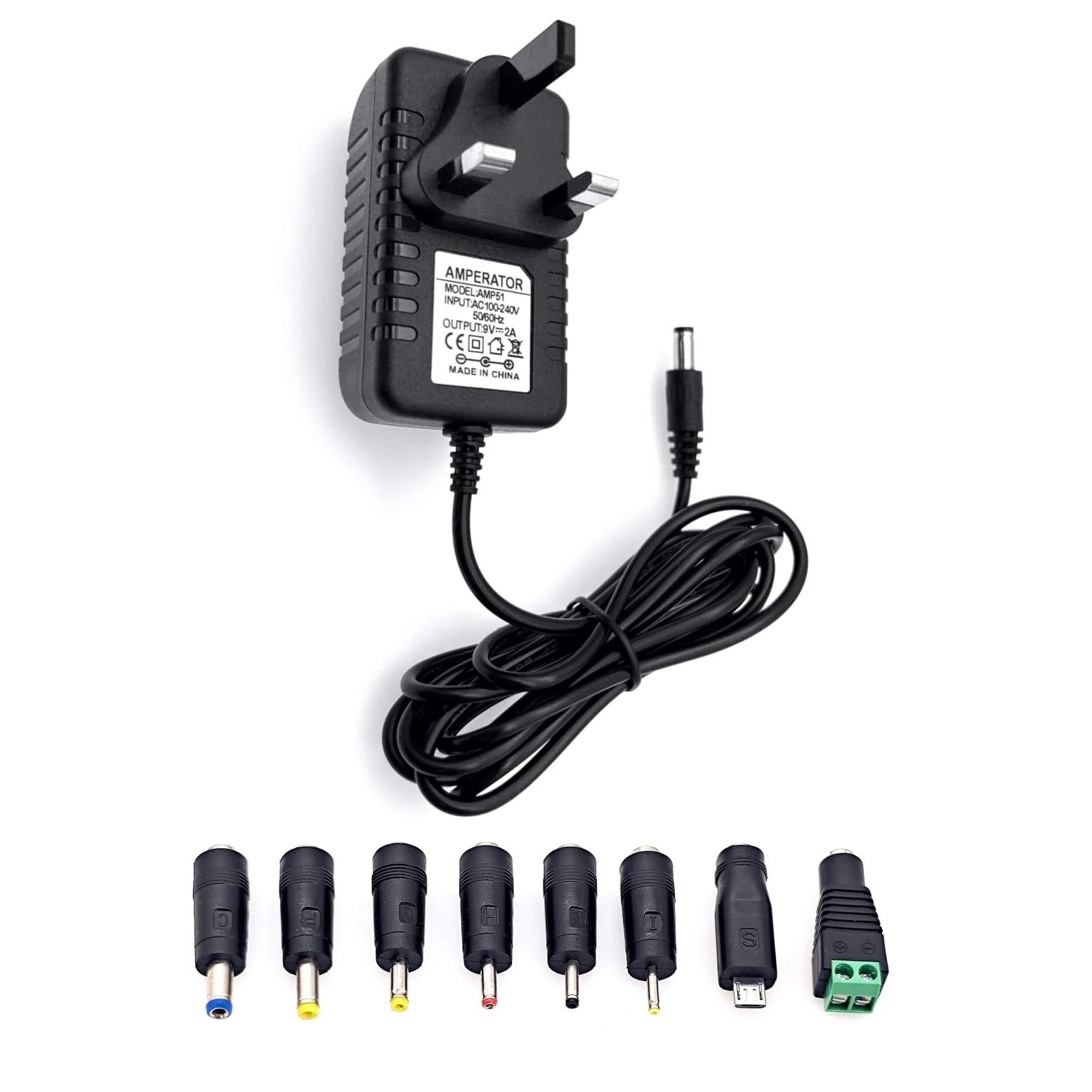 JZK 9V 2A Power adapter with 8 Tips, 9 V Adaptor, 9 volt 2 amp DC power adapter charging cable, AC Adapter for Printer, CCTV Camera, LED Strip Lights, Router