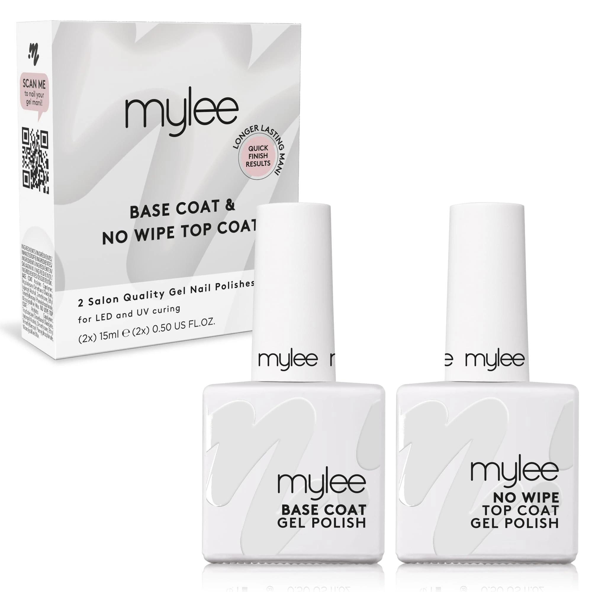 Mylee Nail Gel Polish Top & Base Coat, UV/LED Soak-Off Nail Art Manicure Pedicure for Salon & Home Use - Lasts up to 2 Weeks, Easy to Apply, Durable & Safe (No-Wipe Top & Base 2x10ml, 2x10ml)