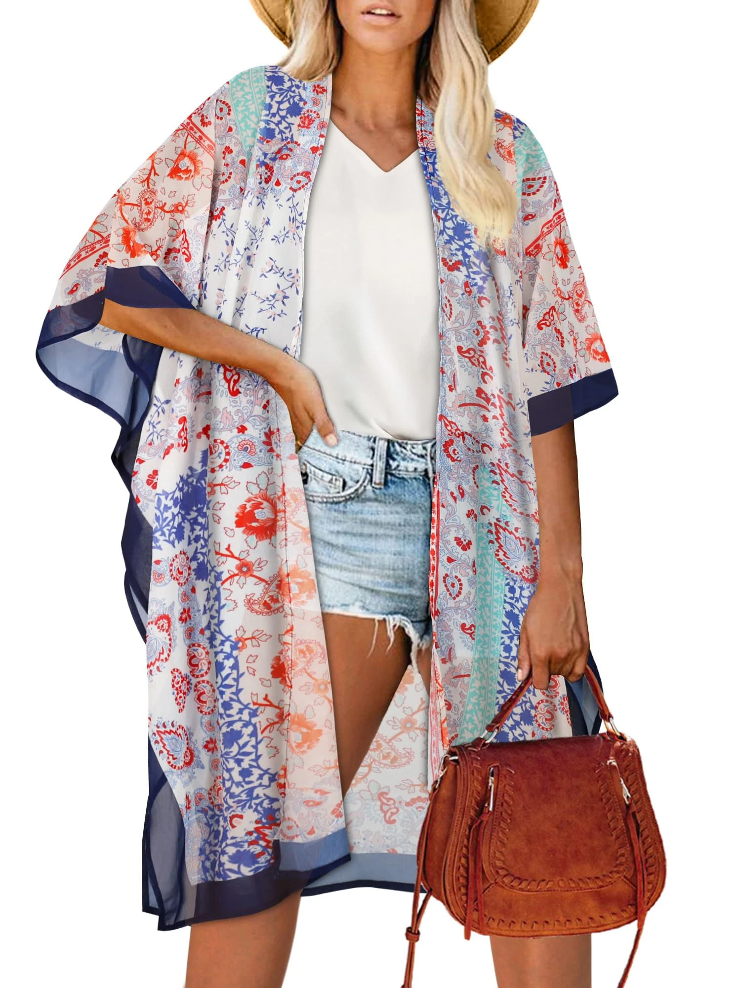 florynova Kimono for Women Summer Cardigans Open Front Swimsuit Cover Up Hawaiian Beach Shirts(Cream Navy Blue,2XL)