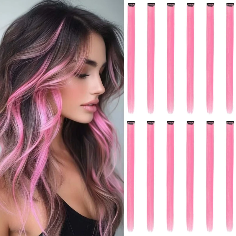 Colored Hair Extensions Clip In, 12 Pieces, Pink