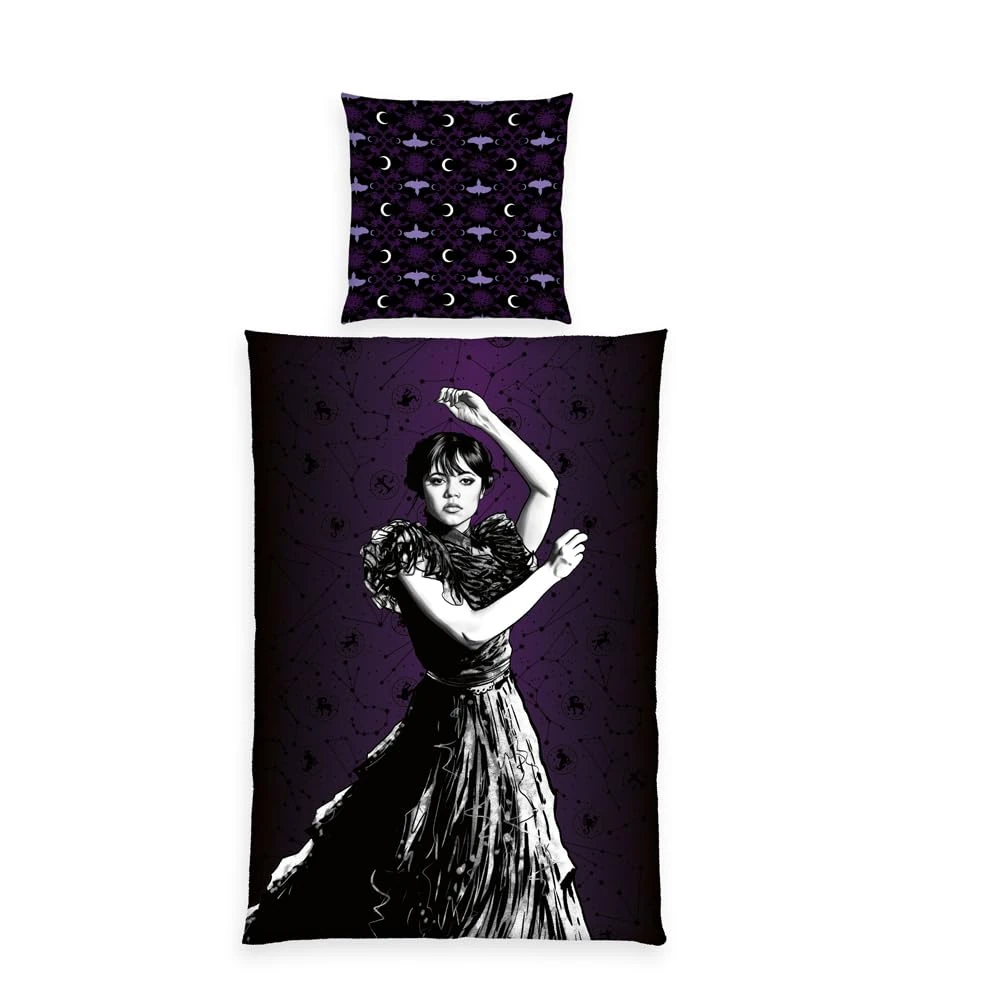 Herding Wednesday Bed Linen, Pillowcase Approx. 80 x 80 cm, Duvet Cover Approx. 135 x 200 cm, with Zip and Reversible Motif, 100% Cotton, Black, Design 2