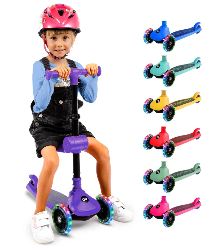 SereneLife 3 Wheel Kids Scooter, Kick Scooter with/without Foldable Seat, Light-Up LED Wheels, Adjustable Handlebar, Lean to Steer, Ideal for Toddlers Boys and Girls Age 3+, Up to 50Kg