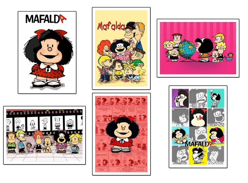 DKORARTE Set of 6 Wooden Base Paintings, Living Room Decoration, Modern, Bedrooms, Children's Room, Mafalda with Metal Hangers, (38 x 29 cm Each Picture)