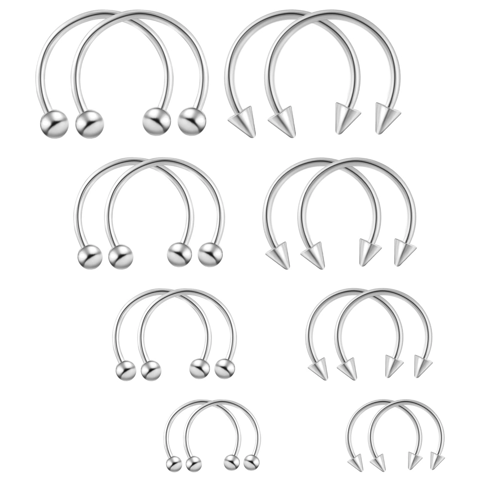 Yolev 16 PCS Septum Jewellery 16G Surgical Steel Horseshoe Septum Jewelry Hoop Set Piercing Jewellery Eyebrow Tragus Helix Lip Rings Different Sizes Horse Shoe Nose Ring for Women Men (Silver)