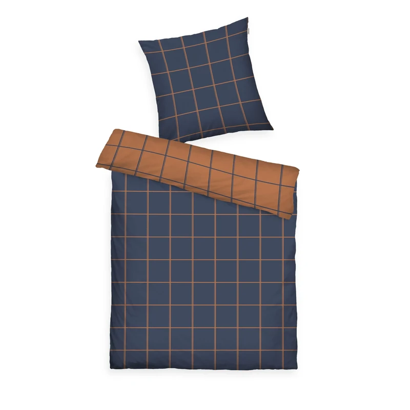 TOM TAILOR Flannel Bed Linen, 80 x 80 cm + 155 x 220 cm, 100% Cotton/Flannel, with Reversible Motif and Coloured Brand Zip, Large Check Blue, Brown (Dark Navy & Rusty Red)