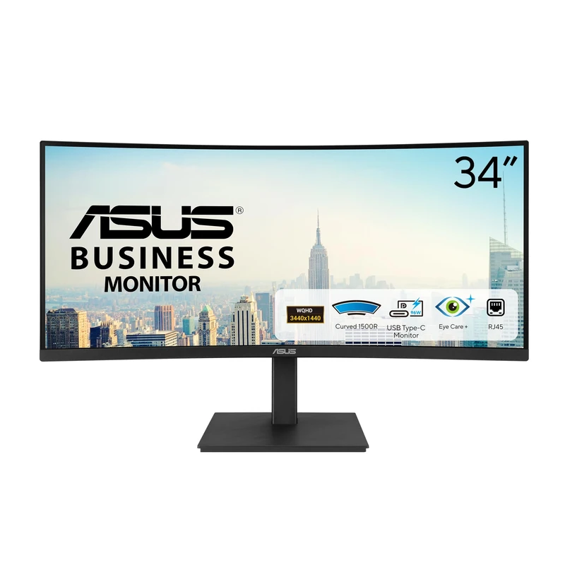 ASUS Business VA34VCPSR Curved Monitor 34", Wide QHD (3440x1440), HDMI, DisplayPort, USB Hub, RJ45 LAN Port, Ergonomic Design, Flicker Free, Low Blue Light, Black