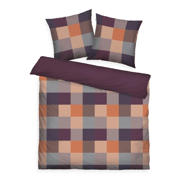 TOM TAILOR Flannel Bed Linen, 2 x 80 x 80 cm + 200 x 220 cm, 100% Cotton/Flannel, with Reversible Motif and Coloured Branded Zip, Bold Mosaic Multicoloured (Plum & Warm Coral)