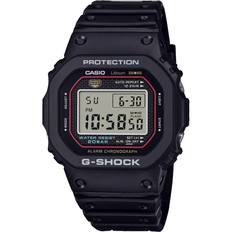 Casio G-Shock Analogue Quartz Watch with Stopwatch, Countdown Timer, Alarm, Light, Black Resin Case, Plastic Strap, 200m Water Resistance, DW-5000R-1AER