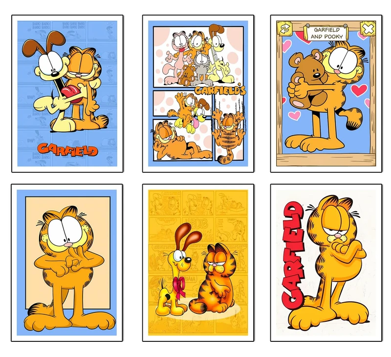 DKORARTE Set of 6 Wooden Base Paintings, Living Room Decoration, Modern, Bedrooms, Children's Room, Garfield with Metal Hangers, (38 x 29 cm Each Frame)