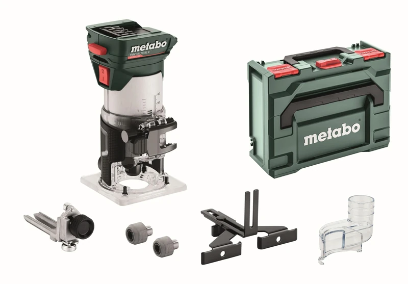 metabo Battery Edge Milling Cutter FMV 18 LTX BL 8-18 V, Brushless Motor, 4800-29000 RPM, 6/8 mm Collet, metaBOX 145 L, Precise Depth Adjustment, Ergonomic - for Wood and Wood-Like Materials