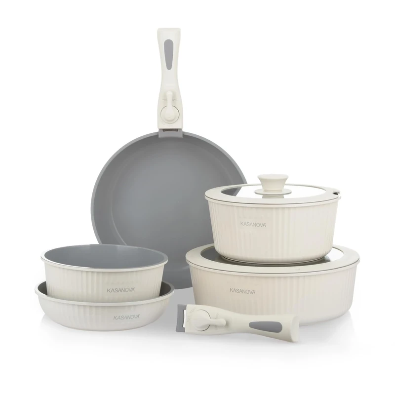 KASANOVA Batteria pentole 9 pezzi Eaziclip,Set pentole induzione con rivestimento ceramico e manici staccabili per USO in Forno,Batteria antiaderente Crema con coperchi