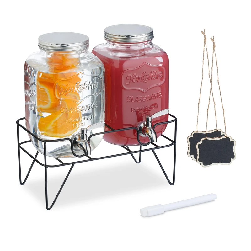 Relaxdays Set of 2 Drink Dispensers, 4L Beverage Container, Party Accessory, Tap, Lid and Stand, Glass, Transparent, Steel, 58 x 66 x 38 cm