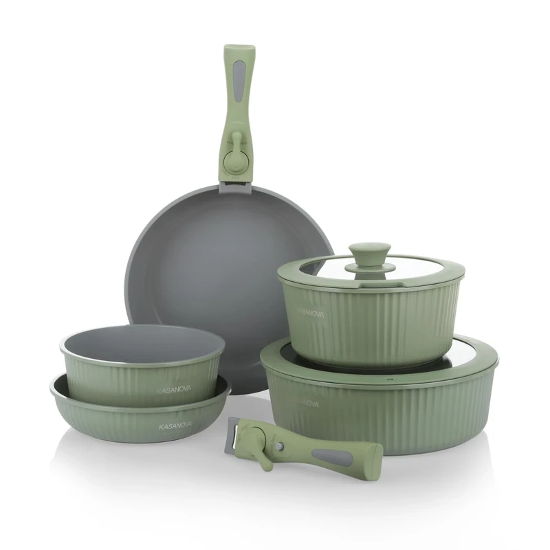KASANOVA Batteria pentole 9 pezzi Eaziclip,Set pentole induzione con rivestimento ceramico e manici staccabili per USO in Forno,Batteria antiaderente Verde con coperchi