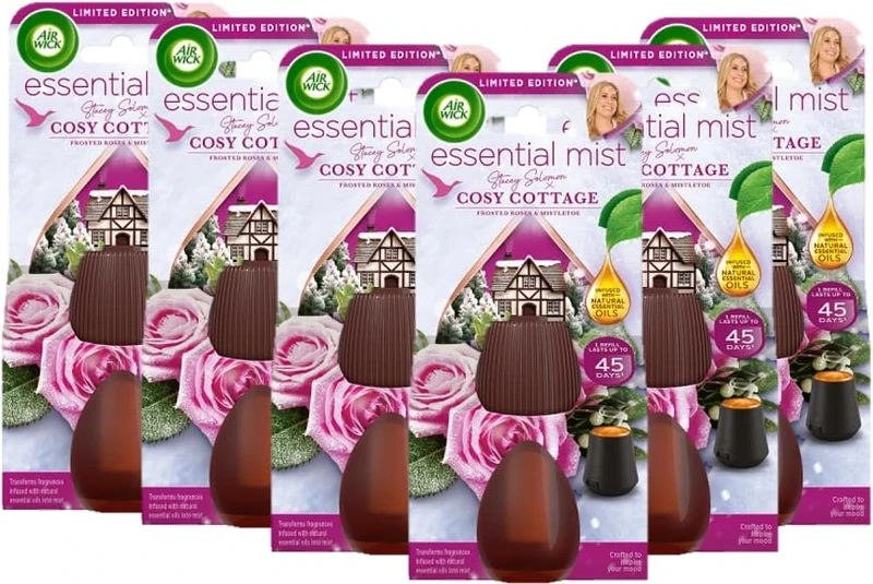 Air Wick Essential Mist Refills, Cosy Cottage by Stacey Solomon, Natural Essential Oils, Last up to 270 days, Air freshener | Pack of 6