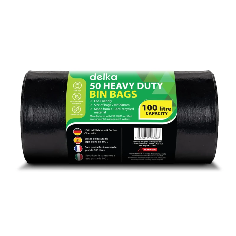 Delka Heavy Duty Black Bin Bags – Extra Strong, Leak-Proof Plastic Liners – Ideal for Kitchen, Home, DIY & Garden, Household, Office & Catering – Made from 100% Recycled Material (100L, 50 Pack)